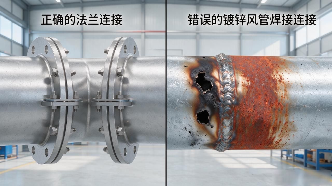 风管法兰连接方式_焊接翻边铆接_工厂除尘排风系统方形管道法兰铆焊