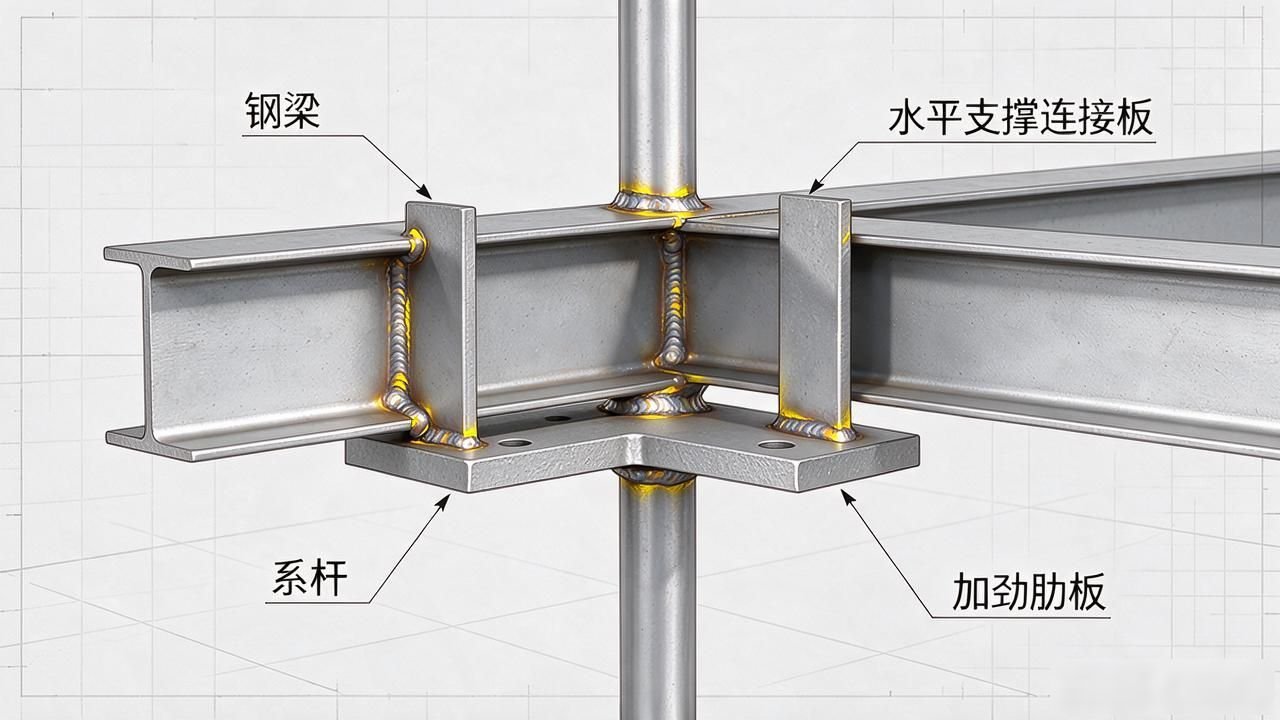 钢梁铆焊节点加强筋(加劲肋)的设置_钢结构工程节点设计要点_钢梁系杆水平支撑节点连接